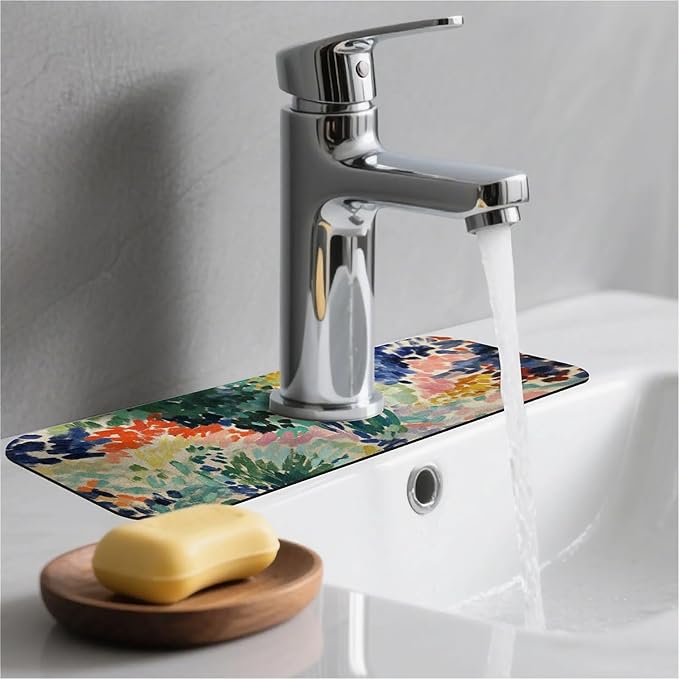 Kitchen Sink Splash Guard，abstract garden Faucet Mat Sink Gadgets-Super Absorbent Fast Drying Mat Drip Catcher for Kitchen, Bathroom,Sink Mat, Dish Drying Mat, Bathroom(15" X 5.5" )