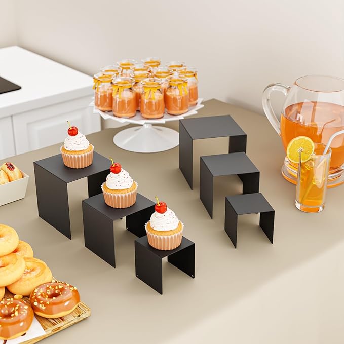 Matte Metal Display Stand,6 Pcs 2 Set Display Risers for Display, Metal Rectangular Display Shelf for Showcase, Dessert, Toys, Perfume (Black, 3''x4''x5)