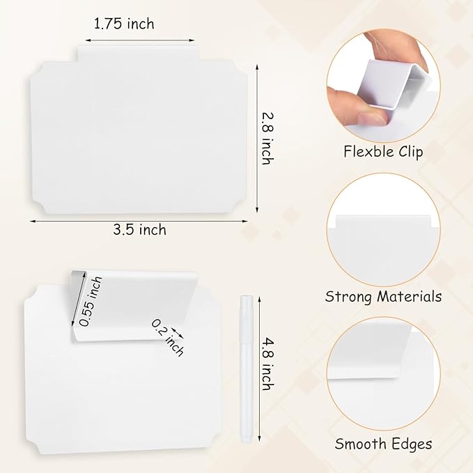 YooNotee 50 Pcs White Basket Labels Clip with 4 Black Chalk Markers Reusable Plastic Storage Bin Erasable Labels Kitchen Pantry PVC Tag Stickers for Fabric Cubes Basket Box Organization