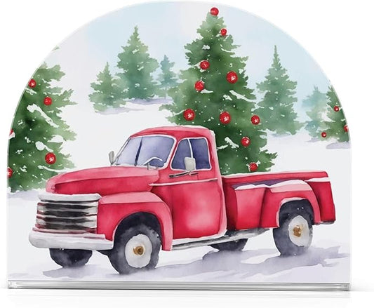 Christmas Red Truck Pine Tree Napkin Holder for Table Paper Napkins Holder Acrylic Tissue Dispenser Kitchen Dining Room Bathroom Party Car Decor