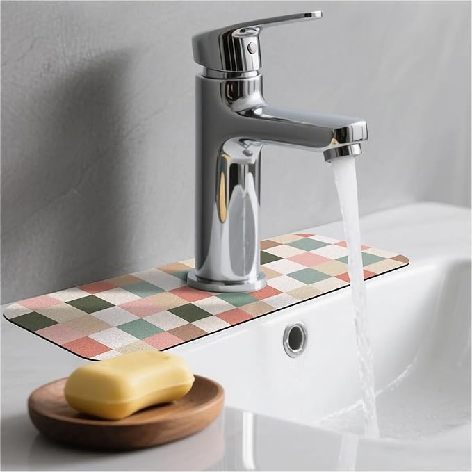 Kitchen Sink Splash Guard，Beige pink green checkered Faucet Mat Sink Gadgets-Super Absorbent Fast Drying Mat Drip Catcher for Kitchen, Bathroom,Sink Mat, Dish Drying Mat, Bathroom(15" X 5.5" )