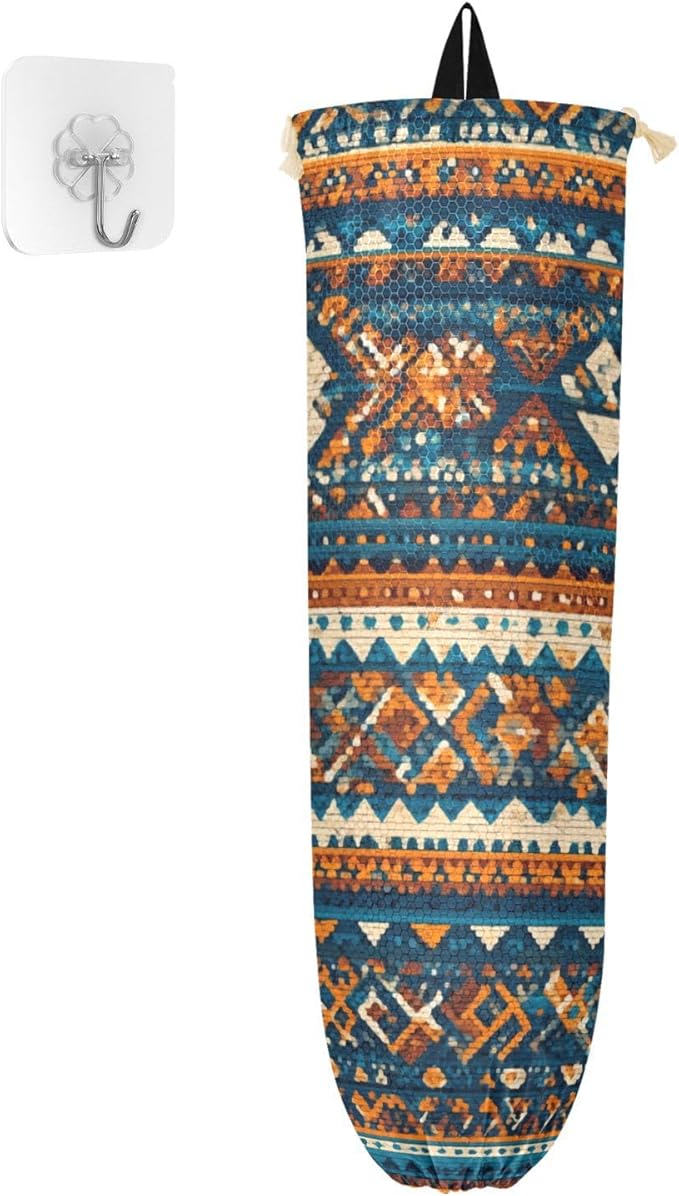 Plastic Bag Holder Wall Mount Grocery Bag Shopping Bag Storage Holder Organizer Dispenser with Adhesive Hook,for Kitchen Bathroom Home Decor 9x22 Inches Blue Brown Retro Pattern Bohemian21