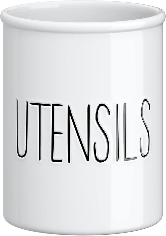 Barnyard Designs Ceramic Farmhouse Kitchen Utensil Holder for Countertop, Decorative Kitchen Utensil Crock for Counter, Spatula Holder, 7" (White)