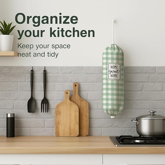 Plastic Bag Holder, Home Sweet Home Plastic Bag Holder for Kitchen Essentials, Green and White Grid Bags Holders for Plastics Bags Groceries Store, Reusable Hanging Trash Sack Dispenser