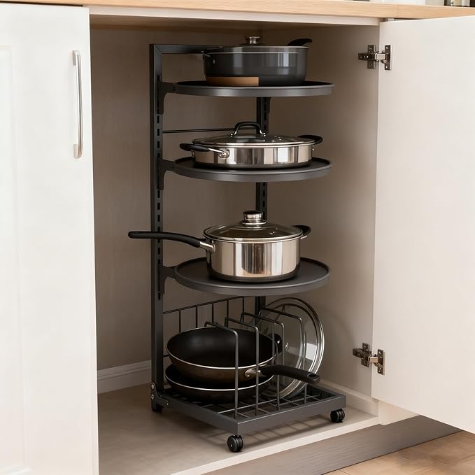 Pssopp Adjustable 4 Tier Pot Organizer, Carbon Steel Under Cabinet Pot Cookware Storage Rack for Pans Lids Kitchen Utensil