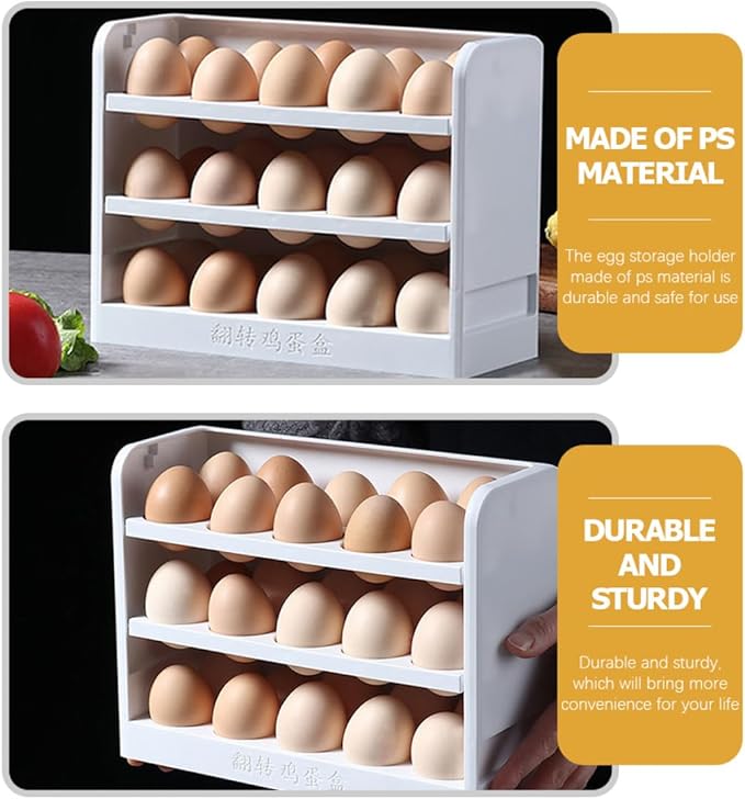 GARVALON 3-tier White Egg Storage Rack for Refrigerator Side Door Household Freezer Egg Organizer Tray Kitchen Holder Container for Preservation and Fridge Organization