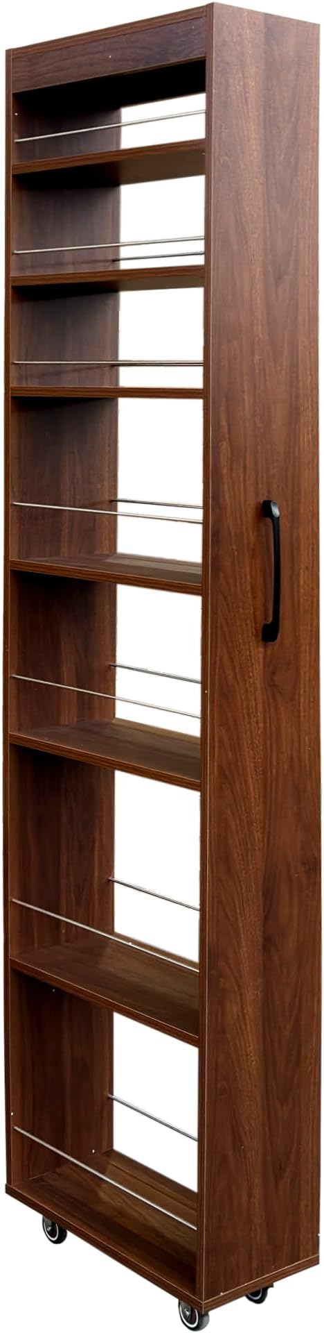 7-Tier Slim Mobile Shelving Cart with Wheels, Rolling Pantry with 7 Racks, Narrow Pull-Out Utility Cart, Space Saving Storage Organizer Carts for Kitchen Living Room Bathroom Narrow Spaces, Walnut