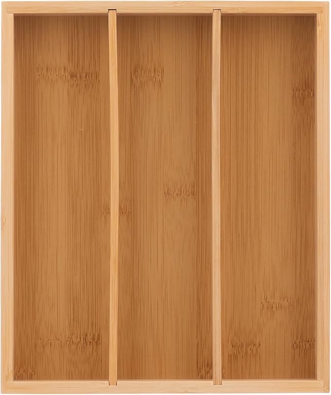 Wooden Silverware Organizer for Drawer, Bamboo Utensil Drawer Organizers, Kitchen Utensil Organizer Tray with 3 Storage Compartments, Flatware Organizers for Cutlery Flatware "9.84 x 8.27 x 1.57"