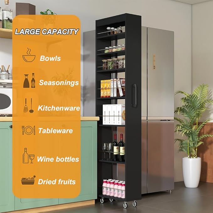 7 Tier Slim Storage Cart, Rolling Spice Rack Next to Fridge Slim, Narrow Storage Cabinet, Wood Storage Organizer with Handle Wheels for Kitchen, Dining Room (7 Tier - Black2)