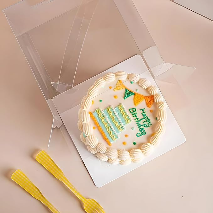 25 Pcs 6x6x5 Inch Clear Cake Boxes with Handle & Cake Boards, Easy Carrying Plastic Cake Containers, Cake Holder Carriers for Birthday Christmas Birthday Wedding, Party, Gift