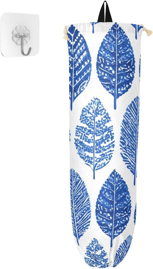 Plastic Bag Holder Wall Mount Grocery Bag Shopping Bag Storage Holder Organizer Dispenser with Adhesive Hook,for Kitchen Bathroom Home Decor 9x22 Inches Watercolor Blue Boho Leaf09