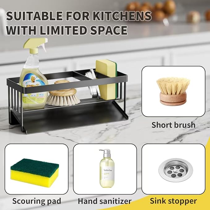 Kitchen Sink Caddy Organzier with Sponge Holder and Removable Drip Tray for Kitchen Sink, 304 Stainless Steel Organize for Sponge Soap Dish Brush Storage Accessories(Black