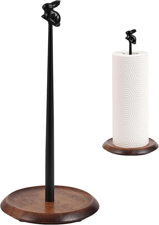 Wooden Paper Towel Holder Countertop, Cute Rabbit Design - Natural Solid Wood Base with Iron Rod,Paper Towel Holder countertop for Kitchen Roll Organizing, Dining Table & Home Décor