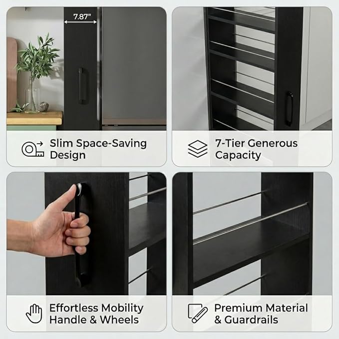 Slim Rolling Storage Cart, 7-Tier Pull-Out Spice Rack with Handle & Wheels, Narrow Kitchen Organizer for Next to Fridge, Pantry, Laundry Room, 7.87 Inch Wide Space Saver （Black,Exposed Wheels