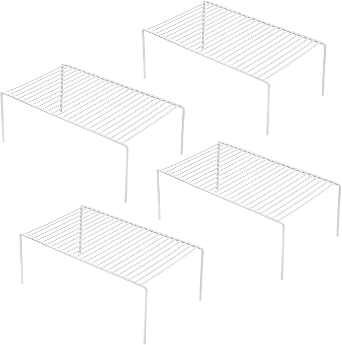 Kitchen Cabinet Shelf Organizer Set of 4, Medium (13 x 9.4 inch) Metal Wire Pantry Storage Shelves, Dish Plate Racks for Cabinets, Freezer, Counter, Cupboard Organizers and Storage, White