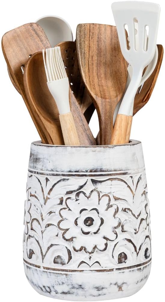 Mie Creations Farmhouse 7'' Large Utensil Holder for Kitchen Counter, Handcarved Wooden Utensils Crock | Decorative Floral Vintage Utensil Holder, Shabby Chic Cooking Organizer - Distressed White