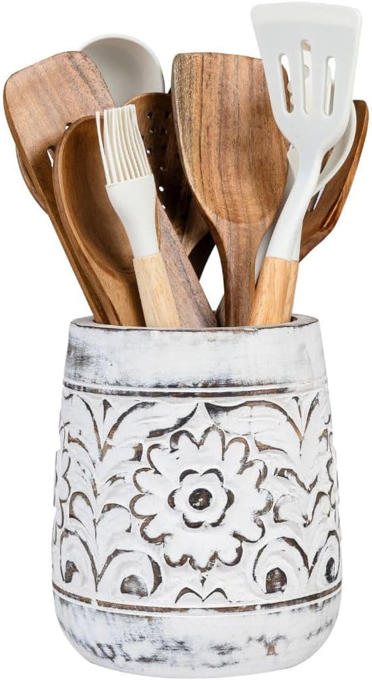 Mie Creations Farmhouse 7'' Large Utensil Holder for Kitchen Counter, Handcarved Wooden Utensils Crock | Decorative Floral Vintage Utensil Holder, Shabby Chic Cooking Organizer - Distressed White