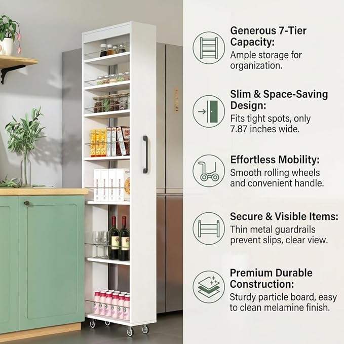 Slim Rolling Storage Cart, 7-Tier Pull-Out Spice Rack with Handle & Wheels, Narrow Kitchen Organizer for Next to Fridge, Pantry, Laundry Room, 7.87 Inch Wide Space Saver (White, Exposed Wheels)