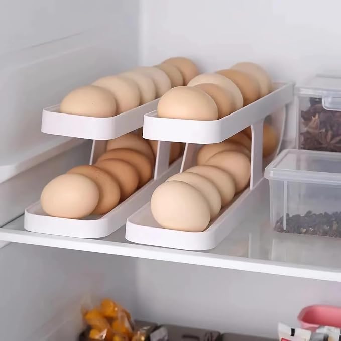RollDown Egg Dispenser for Refrigerator - 2 Pack Space Saving Egg Holder & Organizer, FIFO Rolling Dispenser Rack for Standard/Large/Jumbo Eggs