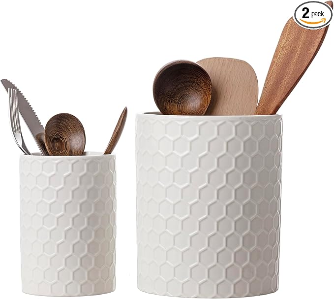 Docrin Ceramic Kitchen Utensil Holder 2 Pack - 6.8"+5.1" Inch Countertop Storage Organizer, Non-Slip Base, Easy to Clean, Elegant White Ceramic Crocks for Spatulas, Spoons, Ladles & Cooking Gadgets