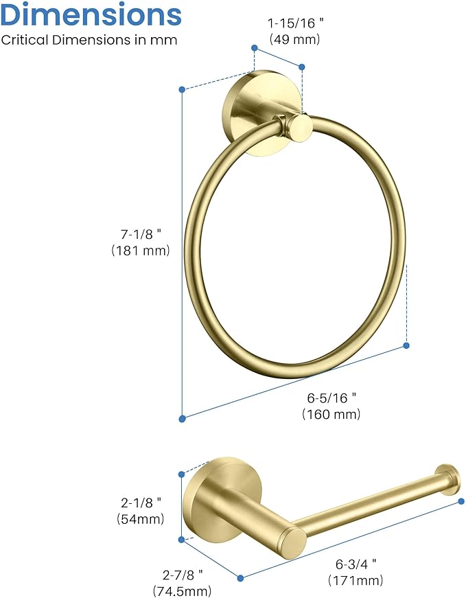 KIBI Toilet Paper Holder and Towel Ring Set | Brushed Gold Bathroom Hardware Set, Wall Mounted Hand Towel Holder and Towel Hanger | Solid Brass Construction, C-KBA14-2-2