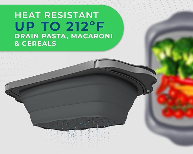 Comfify Over-the-Sink Colander with Handles – Sleek Plastic Black Kitchen Strainer for Pasta, Vegetables & Fruits – Space-Saving Design – 17.1" x 10.1" x 1.4"