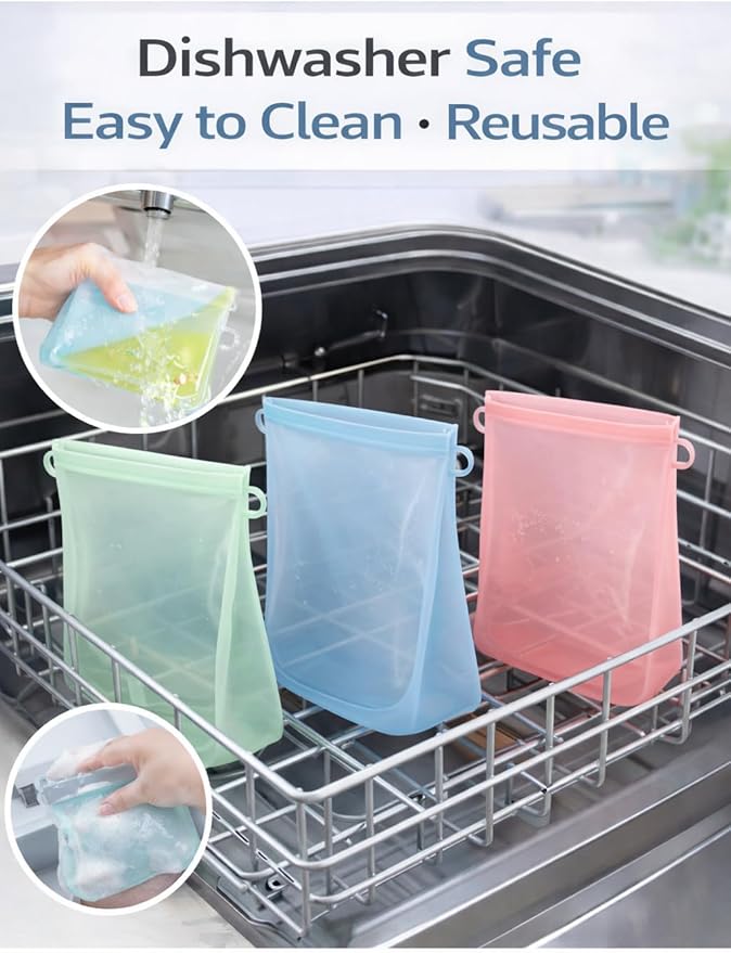 Reusable Silicone Food Storage Bags: Leak-Reistent Stand-up Pouches for Meal Prep, Sandwiches, Snacks, Baby Food, 3 Pack (500ml, 1000ml, 1500ml). BPA-Free, Freezer and Dishwasher Safe, Eco-Friendly