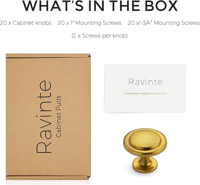 Ravinte 20 Pack Brushed Brass Cabinet Pulls - 1-1/4 inch Kitchen Cabinet Knobs and Drawer Pulls for Dresser Drawers