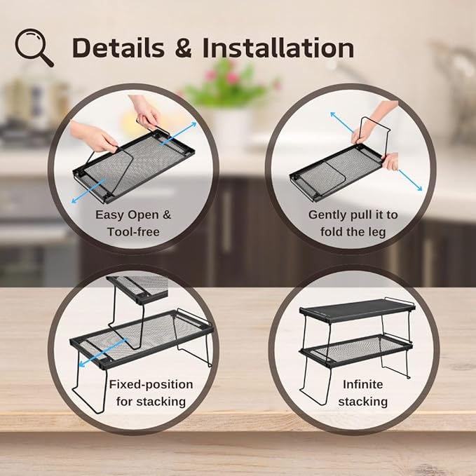 IBERG Set of 2 Stackable Cabinet Shelves, Foldable Mesh Iron Shelf Organizer for Kitchen, Pantry & Bathroom (Black)