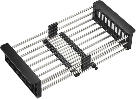 TUTEW Dish Drying Rack, Over The Sink Dish Drying Rack, Stainless Steel Drainer with Adjustable Arms Holder Functional Kitchen Sink Organizer for Vegetable and Fruit, Black