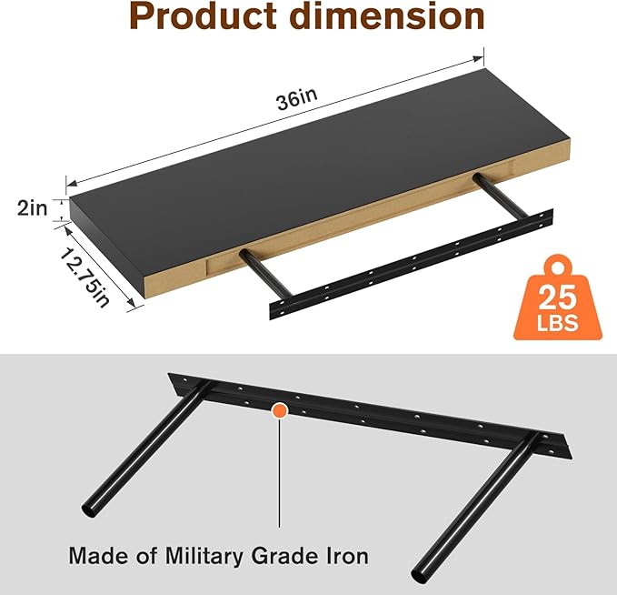 JPND Floating Shelf, Set of 3 Wall Shelf, 36 in W x 12.75 in D x 2 in H Wooden Floating Wall Shelf with Invisible Brackets for Living Room/Bedroom/Bathroom/Kitchen Storage and Decor, Black Wood