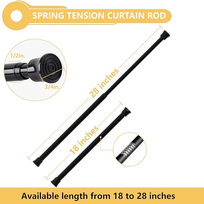KXLife Small Spring Tension Curtain Rod, Adjustable Spring Tension Rod 18 to 28 inches, Expandable Spring Loaded Tension Rods for Window (Black-4 Pack)