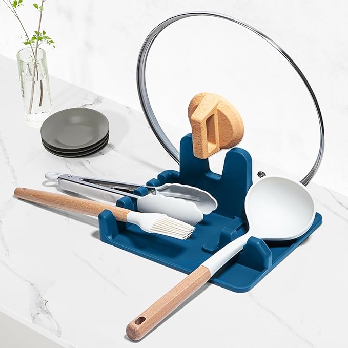 AUOON Spoon Rest for Stove Top - Silicone Utensil Rest with Drip Pad for Kitchen Counter | Practical Kitchen Gadgets for Cooking | Dishwasher Safe (Fog Blue, Large)