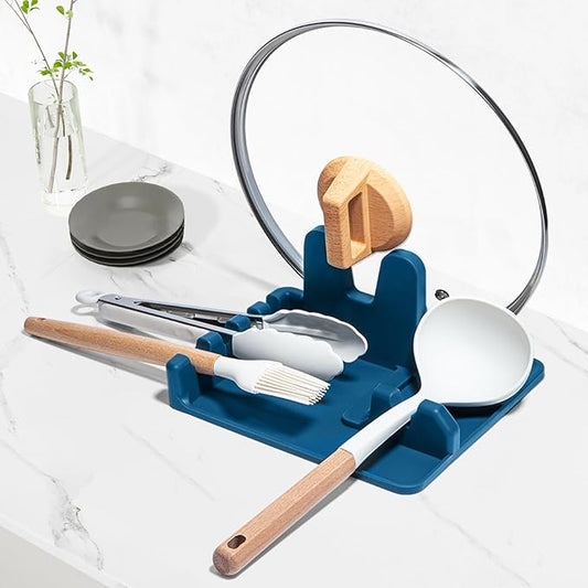 AUOON Spoon Rest for Stove Top - Silicone Utensil Rest with Drip Pad for Kitchen Counter | Practical Kitchen Gadgets for Cooking | Dishwasher Safe (Fog Blue, Large)