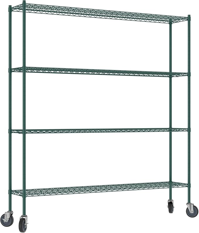 Commercial NSF Listed Green Epoxy Mobile Wire Shelving Kit 14" x 72" x 80", with 4 Shelves Perfect for Warehouse, Walk-in Refrigerator, Freezer, Grocery Store, Restaurant, Dishroom