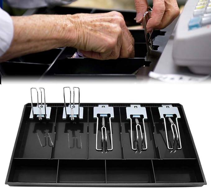 Cash Register Drawer Insert Tray 5 Bill/4 Coin Compartments with Metal Clip for Money Storage, Black