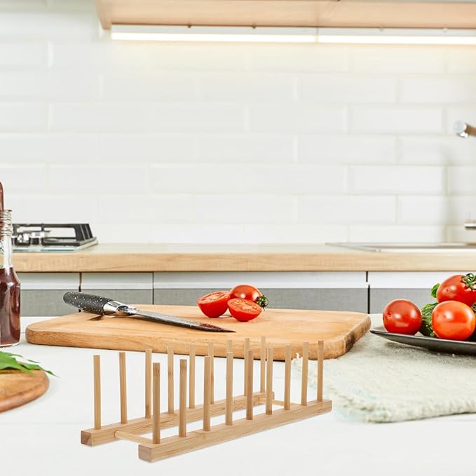 Dish Drying Rack Small 8-Slot Plate Rack Organizer Wood Vertical Drain Holder for Kitchen Cabinet Bowl Pot Lid Storage