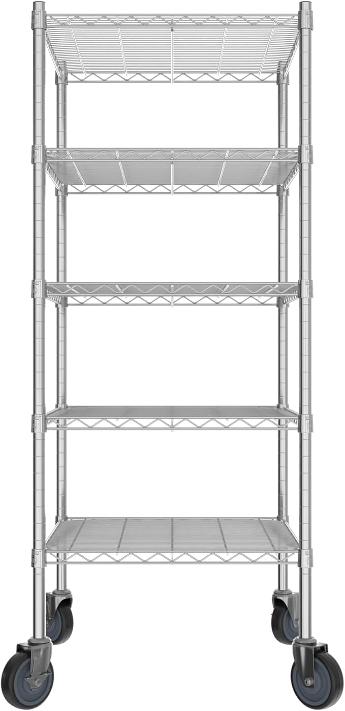 Commercial NSF Listed Chrome Mobile Wire Shelving Kit 24" x 24" x 60", with 5 Shelves Perfect for Warehouse, Walk-in Refrigerator, Freezer, Grocery Store, Restaurant, Dishroom