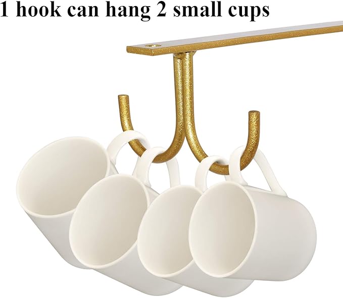 MOCOUM Under Cabinet Mug Rack, Rustic Mug Organizer Rack Cup Holder Under Shelf 12 Hanging Hooks Rack for Mugs, Coffee Cups and Kitchen Utensils Display (Glod-3 Pack-12 Hooks)