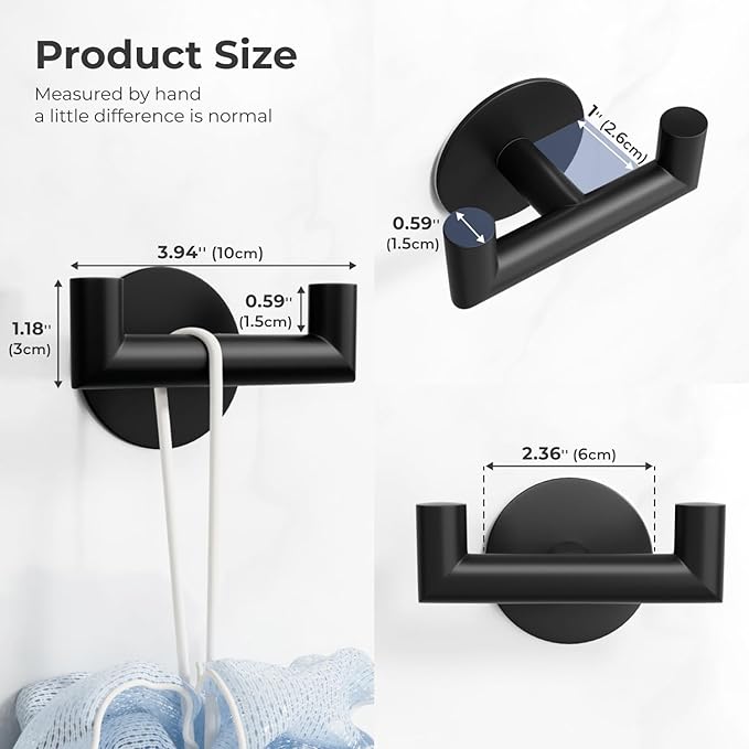 GWAAZXGZ 2 Pack Black Bathroom Hooks for Towels - Self Adhesive Double Hooks for Wall, No Drilling, Matte Finish, Strong Hold for Robes, Coats, Shower Use