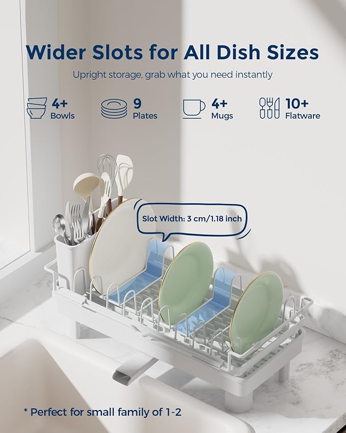 Nacial Small Dish Drying Rack with Utensil Holder, Expandable Dish Rack Over Sink with Auto-Drain Tray, Compact Dish Drainer for Kitchen Counter, Stainless Steel Dish Rack Fits 14''–21.8'' Sink, White