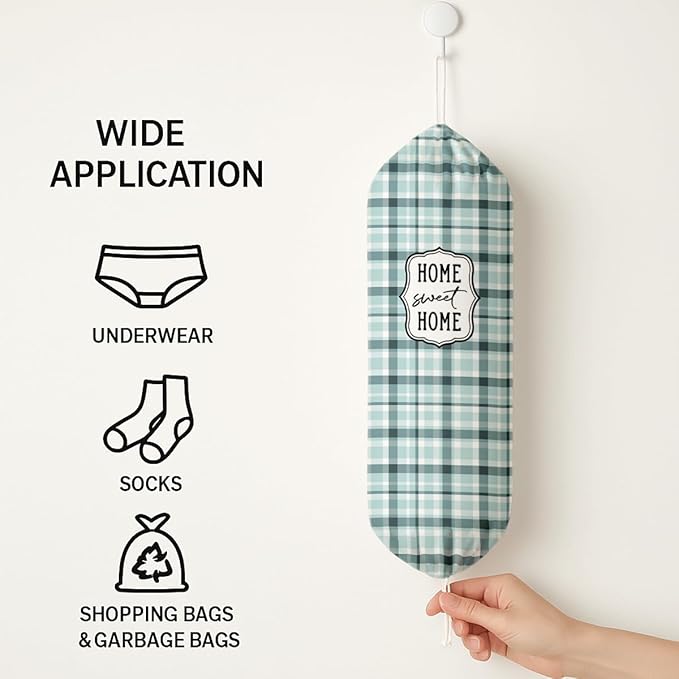 Plastic Bag Holder, Home Sweet Home Plastic Bag Holder for Kitchen Essentials, Grid Bags Holders for Plastics Bags Groceries Store, Reusable Hanging Trash Sack Dispenser