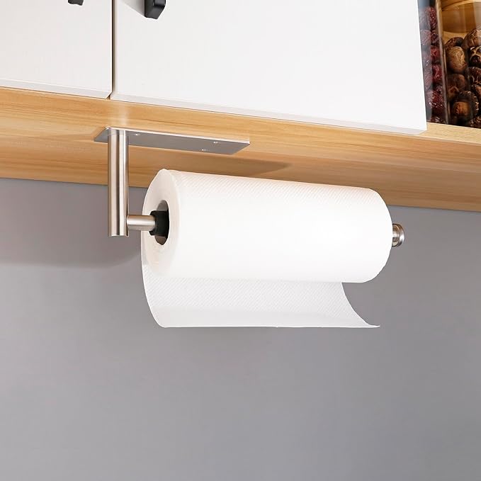 Paper Towel Holder Under Cabinet, Single Hand Operable Paper Towel Roll Holder with Damping Effect, Self-Adhesive or Drilled Stainless Steel Paper Towel Holder for Kitchen Bathroom RV
