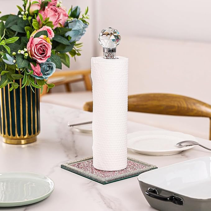 Hochance Pink Crystal Standing Paper Towel Roll Holder Countertop Weighted Rack,Glam Cute Bling Rhinestone Jeweled Diamonds Modern Decoration Christmas Housewarming Gifts for Kitchen Home Bar