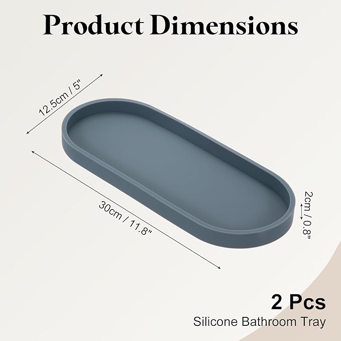 uxcell 2Pcs Bathroom Vanity Tray, 11.8" x 5" Oval Silicone Soap Dispenser Trays, Shatterproof Kitchen Sink Organizer for Soaps Keys Candle Trinket, Gray