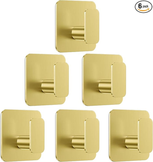 Aikzik Gold Hooks for Hanging Heavy Duty, Adhesive Hooks for Shower, Bathroom, Kitchen, Robe, Towel, Coat, Waterproof & Rustproof Hook for Walls No Damage, Stainless Steel Sticky Hook - 6 Pack