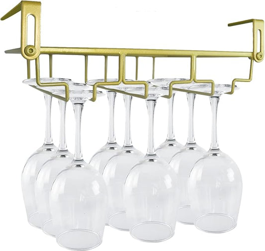 Adjustable Under Cabinet Stemware Holder - Metal Wine Glass Hanger Organizer for Kitchen, Bar, Shelf - Rustproof Hanging Storage Rack for 6-8 Glasses - Space Saving Decor (Gold, 3 Rows)