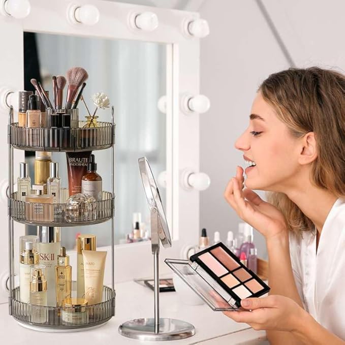 Rotating Makeup Organizer for Vanity, High-Capacity Skincare Clear Make Up Storage Perfume Organizers Cosmetic Dresser Organizer Countertop 360 Spinning (Gray, New-3 Tier)