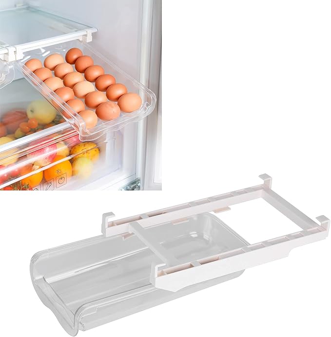 Egg Storage Container: Adjustable Pull Out Refrigerator Organizer, Durable ABS Plastic Egg Holder Holds 14 Eggs, Space Saving Fridge Drawer