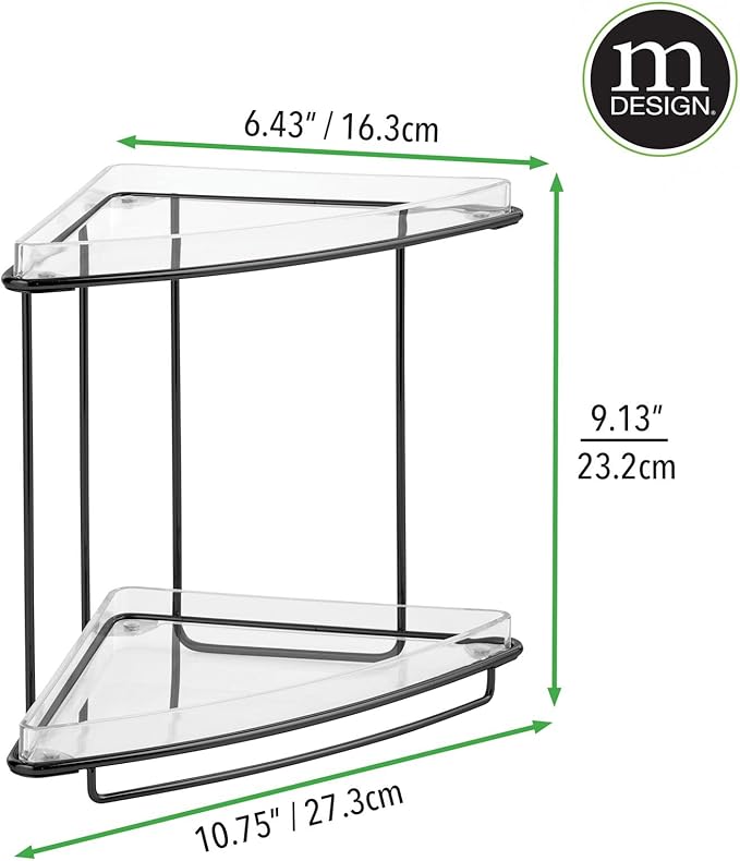 mDesign Steel/Plastic Freestanding Countertop Corner Shelf Organizer with 2-Tier Storage for Bathroom, Vanity, Cabinet, Counter - Holds Makeup, Bath Gel - Prism Collection - Clear/Matte Black